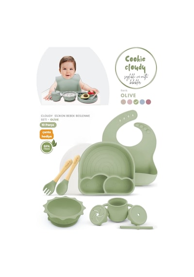 Kiwi Cloudy 11 Parça Full Silikon Bebek Beslenme Seti: Güvenli, Esnek, Bpa / Pvc İçermez, %100 Doğal