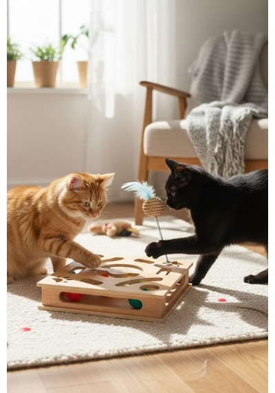 Ahşap Kare Kedi Oyuncağı - 30cm X 30cm - Çıngıraklı Toplu - Yaylı Top Eklenmiştir
