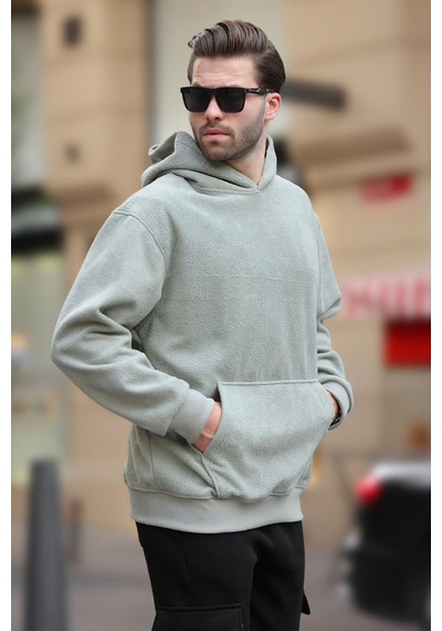 Madmext Çağla Yeşili Kapüşonlu Cep Detaylı Polar Erkek Sweatshirt 7093 Yeşil