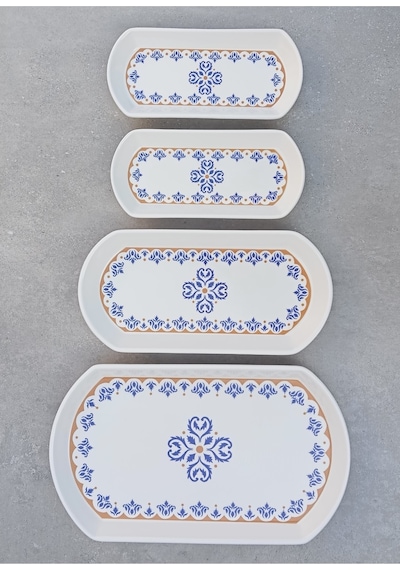 Ottoman 4 Parça Seramik Oval Kayık Kahvaltı Sunum Tabağı Seti Mavi