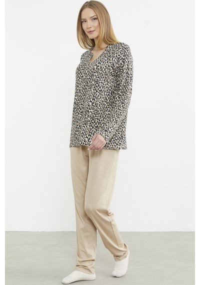 Sementa Yakası Düğmeli Leopar Kombinli Pijama Takım - Bej Bej