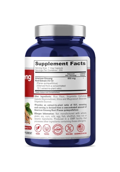 American Ginseng 10:1 Extract 500 Mg 200 Veg Capsules Max Strength