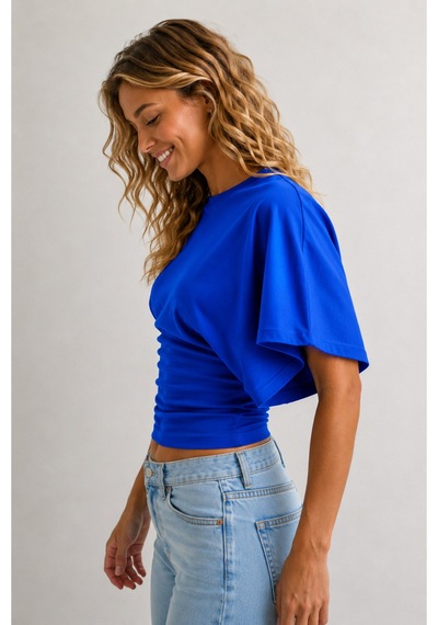 Overmax Bele Oturan Oversize Kollu Premium Crop Bluz Mavi - 880759104 Mavi