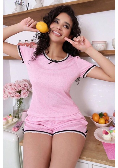 Bella Notte Jacquard Pembe Dantel Detaylı Şortlu Pijama Takımı