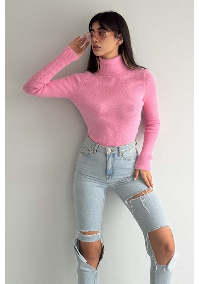 Femelle Kadın Pembe Standart Beden Peluş Triko Boğazlı Kazak