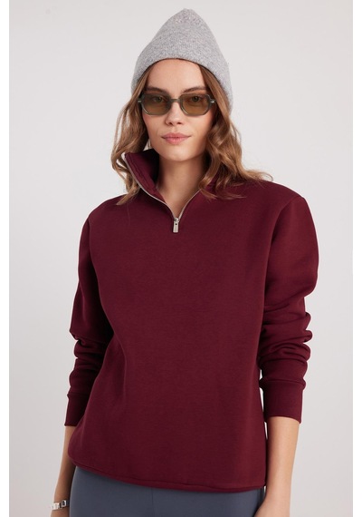 Tudors Kadın Relax Fit Rahat Kesim Pamuklu İçi Polarlı Yarım Fermuarlı Bordo Dik Yaka Sweatshirt-37889 Bordo