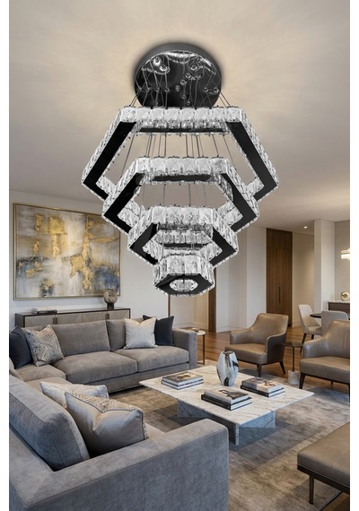 Diamond 4 Katlı Kristal Taşlı Modern Sarkıt Led Avize Çok Renkli