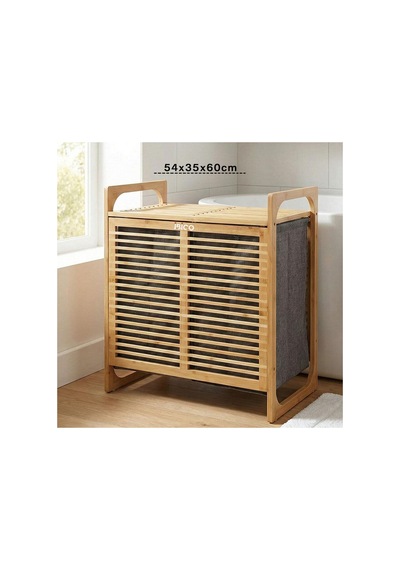 Kalın Ahşap Bambu 2 Bölmeli Kirli Çamaşır Sepeti Kumaş Çantalı Sepet 54x35x60cm 5671 Çok Renkli Çok Renkli