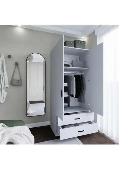 Yaman 80 Cm Mat Beyaz 2 Kapaklı 2 Çekmeceli Elbise Dolabı - Gardırop Beyaz