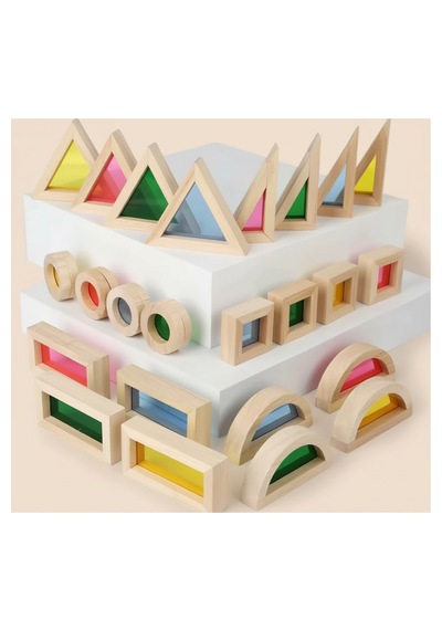 Oyuncak Ahşap Bloklar Rainbow Blok Seti 24 Parça Waldorf Eğitici Doğal Ahşap Geometrik Renkli Blok