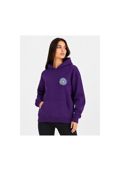 Herkesemoda Papatya Baskılı Kapüşonlu 2 İplik Şardonlu Sweatshirt Mor