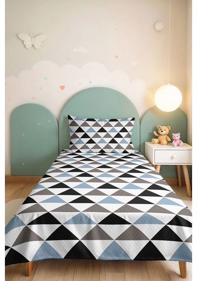 Mavi Geometrik Genç Odası Tek Kişilik Pike Takımı - Gri Modern 160x220 Cm Kapitone Yatak Örtüsü Mumlu Gölge Masalı