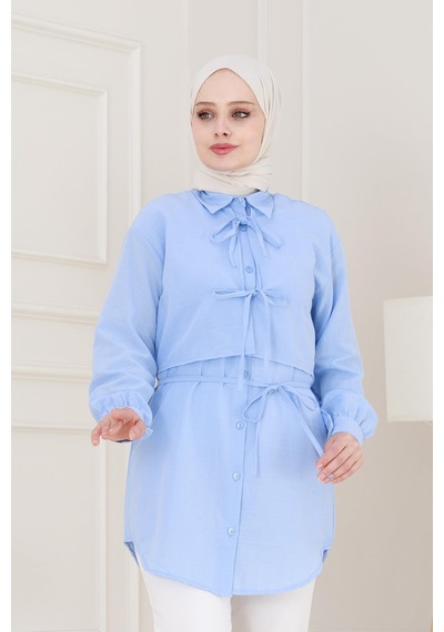 Sevitli Cepken Detaylı Bağlamalı Keten Tunik-bebe Mavi-5115 Bebek Mavisi