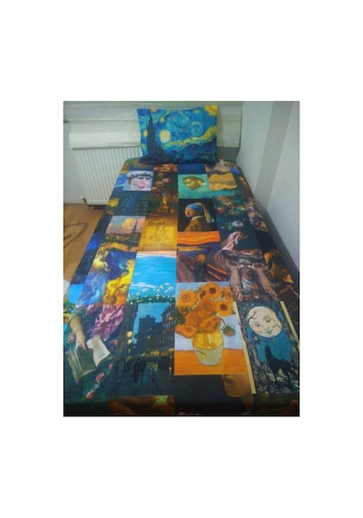Van Gogh Sanat Eserleri Tasarım Tek Kişilik Yatak Örtüsü Ve Yastık Kılıfı Mavi Sarı Lacivert