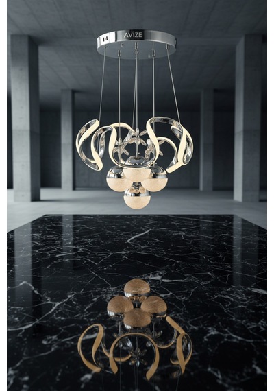 Luna Krom Kristal Çiçek Detaylı 4 Lü Modern Sarkıt Avize Salon Ve Yemek Odası Aydınlatması Gümüş Gümüş