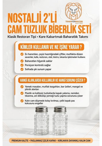 Retro 2li Cam Tuzluk Biberlik Seti Klasik Kare Kabartmalı Baharatlık Takımı Paslanmaz Çelik Vidalı Metal Kapaklı Diğer