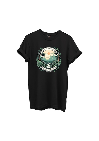Tropikal Orman Ve Dağ Manzaralı Hunting Doğa Temalı %100 Pamuk Regular Fit Unisex T-shirt Siyah