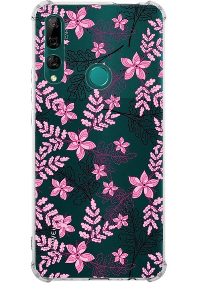 Huawei Y9 Prime 2019 Uyumlu Köşe Korumalı Floral Pembe Tasarımlı Şeffaf Silikon Kılıf