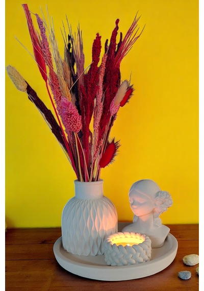 Dekoratif 4 Parça Vazo Seti - Vazo, Yuvarlak Tepsi, Tealight Mumluk, Dekoratif Kız Beyaz