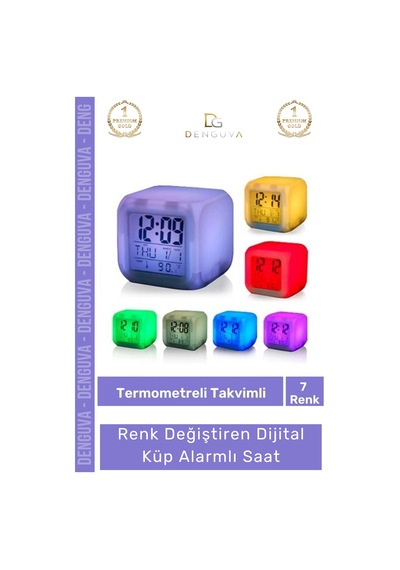 Renklisaat 7 Renk Değiştiren Gece Lambası Termometre Takvim Işıklı Dijital Küp Alarmlı Masa Çalar S Çok Renkli