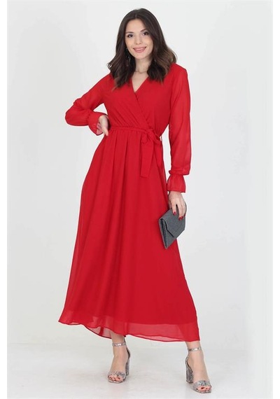 Neşeli Butik Kadın Yeni Sezon Astarlı Kruvaze Yaka Uzun Şifon Elbise Nb003 Kırmızı