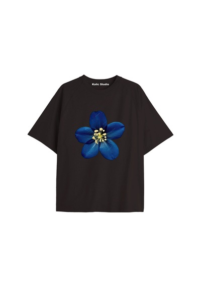 Kalic Studio Kadın Çiçek Özel Baskılı Renkli Oversize Penye Pamuklu Bisiklet Yaka T-shirt Siyah-9