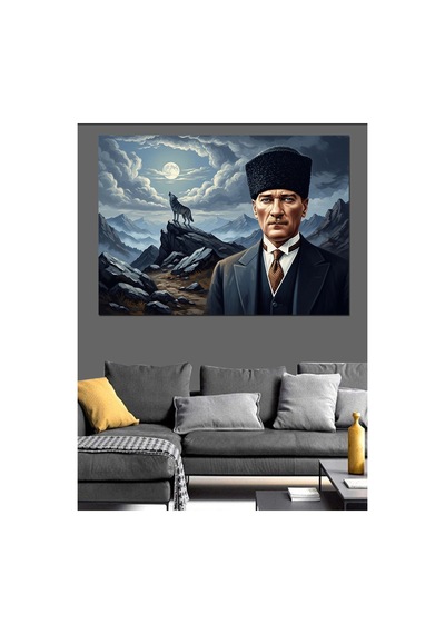 Dağda Tek Başına Duran Atatürk Yağlı Boya Dokulu Kanvas Tablo Canvas Tablosu