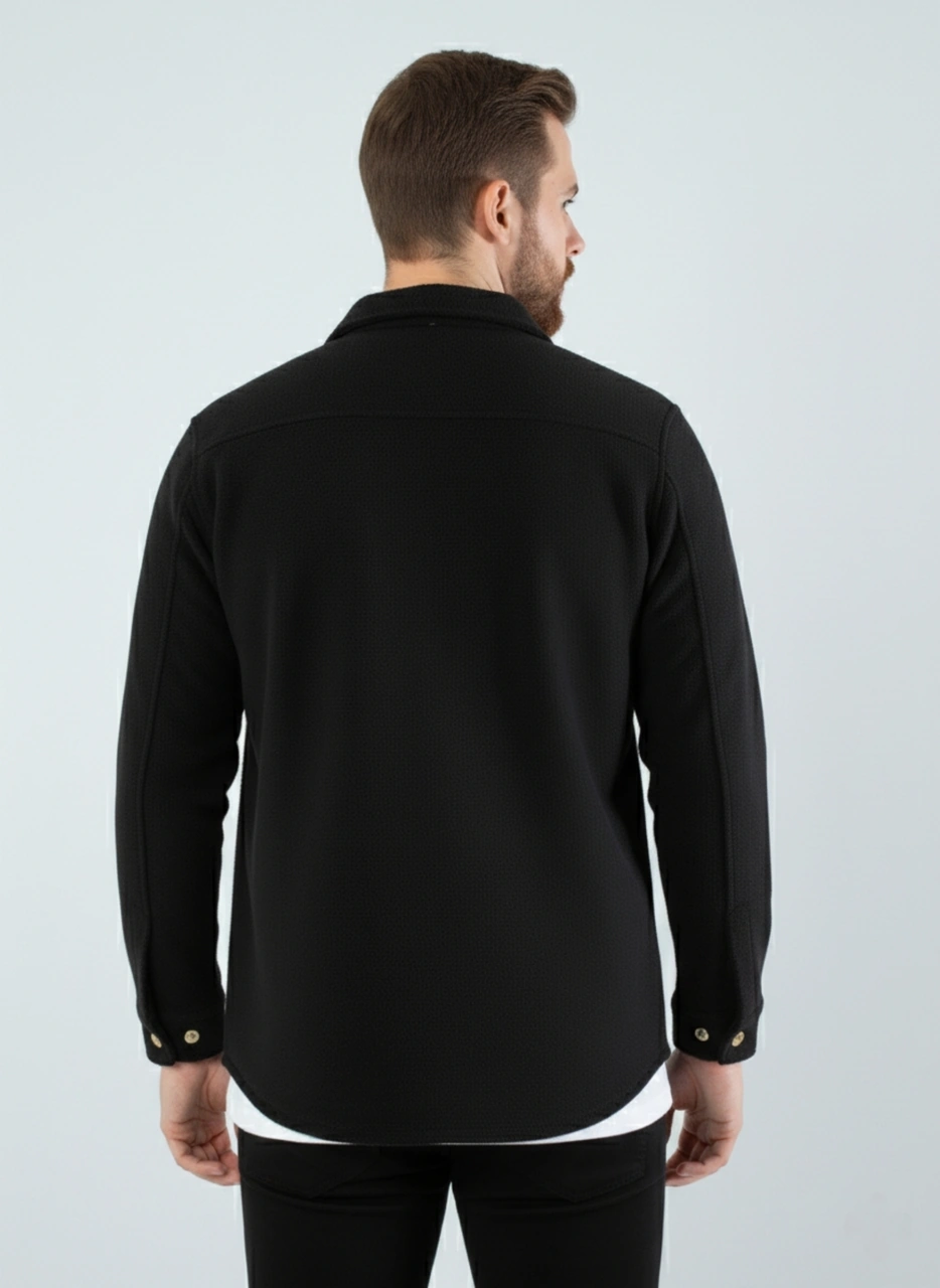 Yxc Trend Maker Erkek Slim Fit Düğmeli Yaka Çift Cepli Düz Siyah Polar Erkek Gömlek Siyah