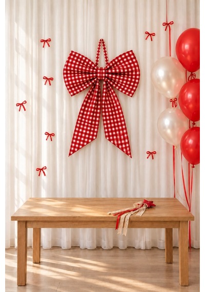 Kırmızı Pötikare Duck Keten Büyük Fiyonk Kapı Ve Duvar Süsü 50x80 Cm