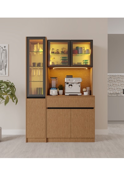 Bambu Midi Sol Vitrinli Komple Mdf Led Aydınlatmalı Kahve Köşesi