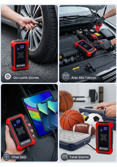 Steiner 16.000 Mah 4'ü 1 Arada 10 Bar Dijital Göstergeli Powerbank Led Fener Şarjlı Akü Takviye Cihazı Hava Kompresörü Kırmızı