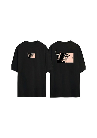 Thewert Unisex Anime Karekter Göz Yaşı Ön Arka Baskılı Sıyah Oversize T-shirt Siyah