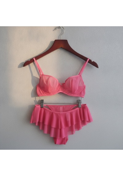 Bonbon Kadın Tül Transparan Balenli Sütyen, Checky Ve String Külotlu 3 Lü Paket Bb2622 Nar Çiçeği