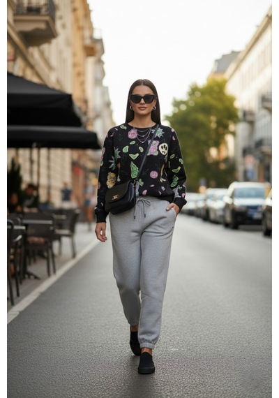 The Kadın Eğlenceli Baskılı %100 Pamuk 3 İplik Şardonsuz Sweatshirt - Bisiklet Yaka Basic Üst Siyah