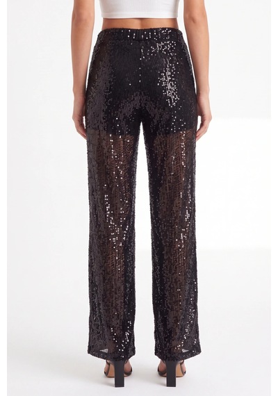 CEMO Siyah Pullu Şeffaf Detaylı Wide Leg Pantolon