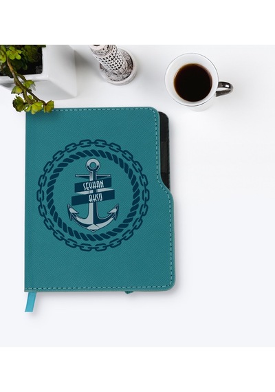 Kişiye Özel Çapa Tasarımlı Turkuaz Termo Deri Defter-2