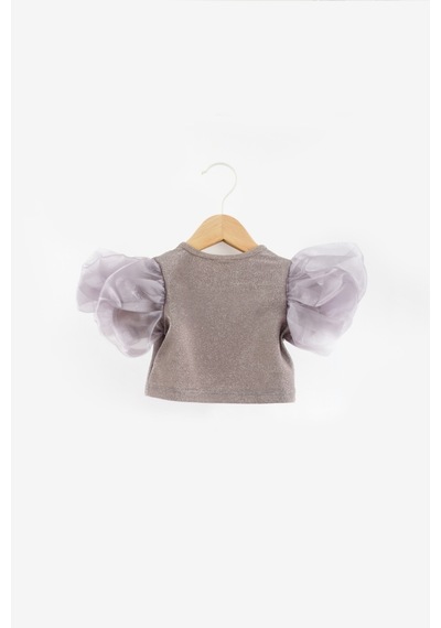 Le Mabelle Gümüş Kolları Tüllü Simli Kız Çocuk Crop Gümüş