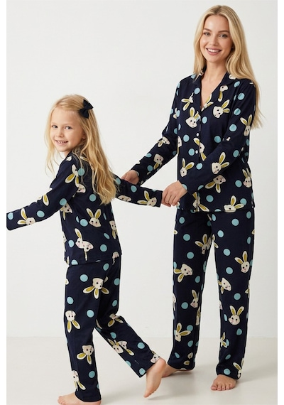Siyah İnci Lacivert Pamuklu Düğmeli Pijama Takım