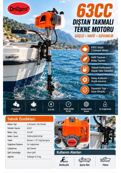 63cc 3 Hp 2 Zamanlı Dıştan Takmalı Benzinli Tekne Motoru