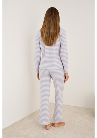 Siyah İnci Fırçalı Soft Fitilli Kaşkorse Hırka Pijama Takım Mavi Pembe