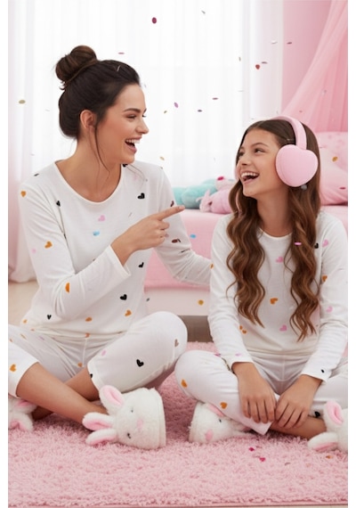 Siyah İnci Pamuklu Pijama Takımı 7681 Beyaz Renkli Kalp