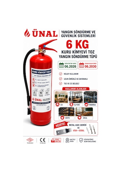 6 Kg Yangın Söndürme Tüpü Kuru Kimyevi Toz 06.2026 Üretim 06.2030 Terkar Dolum Metal Askı