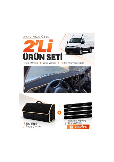 Iveco Daıly 2011-2014 Uyumlu Torpido Örtüsü + Tay Tüyü Bagaj Çantası + Sticker Seti - Siyah Bej