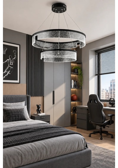 Modern Premium Cam Led Sarkıt Avize Siyah Çift Halkalı Dekoratif Salon Avizesi 48w