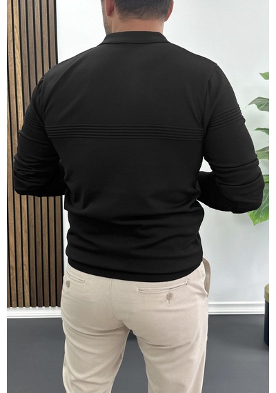 Edwox Erkek Slim Fit Çizgi Detaylı Polo Yaka Kazak Siyah Edw427 Siyah
