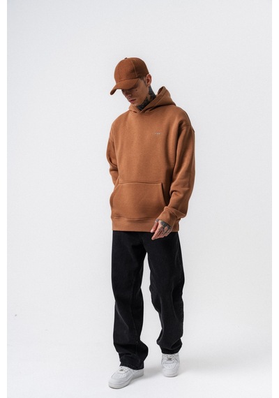 Erkek Respire Yazı Detaylı Kapüşonlu Basic Oversize Hoodie Kahve