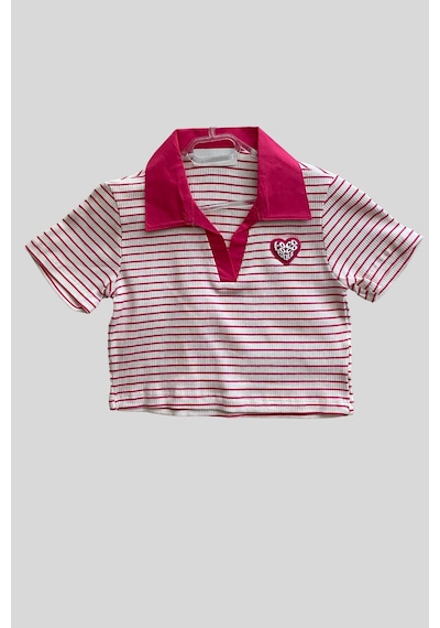 Turuncu Gardrop 8-14 Yaş Polo Yaka Çizgili Crop Fuşya Fuşya