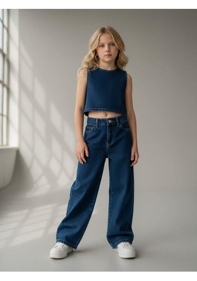 Zekids Kız Çocuk Yüksek Bel Geniş Paça Jean Pantolon-16967 Lacivert