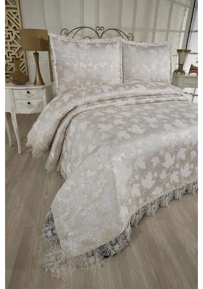 Çeyiz Diyarı Fransız Dantelli Seravelle Çift Kişilik Yatak Örtüsü 230x250 Cm Bej