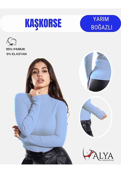 Alya Underwear Kaşkorse Yarım Boğaz Body Sweatshirt, Fitilli Kumaş, Likralı, Bordo Açık Mavi